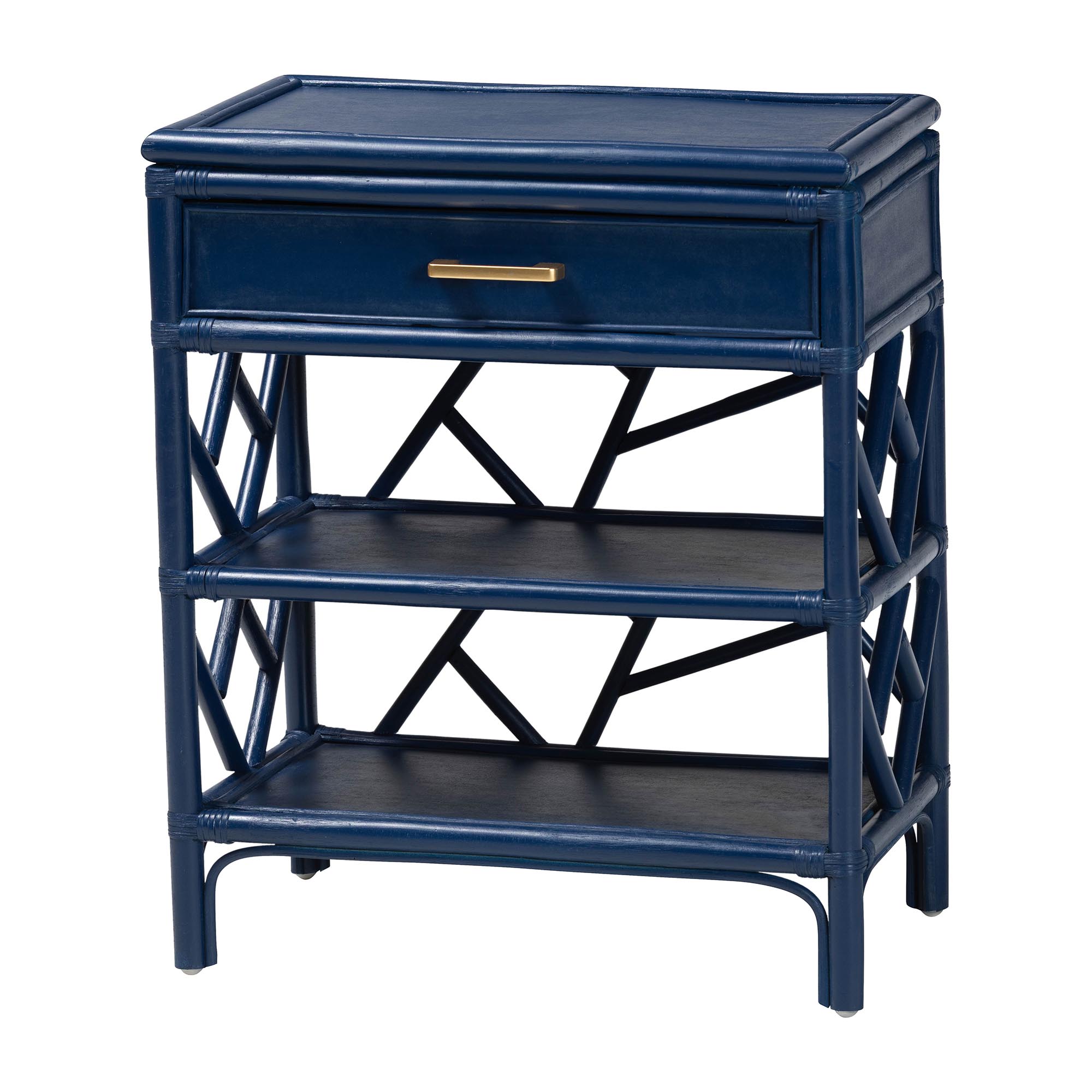 bali & pari Daina Natural Rattan Nightstand with Drawer and Open Shelves - Coastal Bedside Table with Geometric Design, Blue Affordable modern furniture in Chicago, classic bedroom furniture, modern nightstand, cheap nightstand